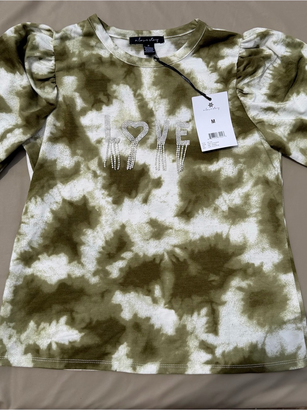 Olive Tie-Dye 'LOVE' Puff Sleeve Long Sleeve Top - Mellow Story